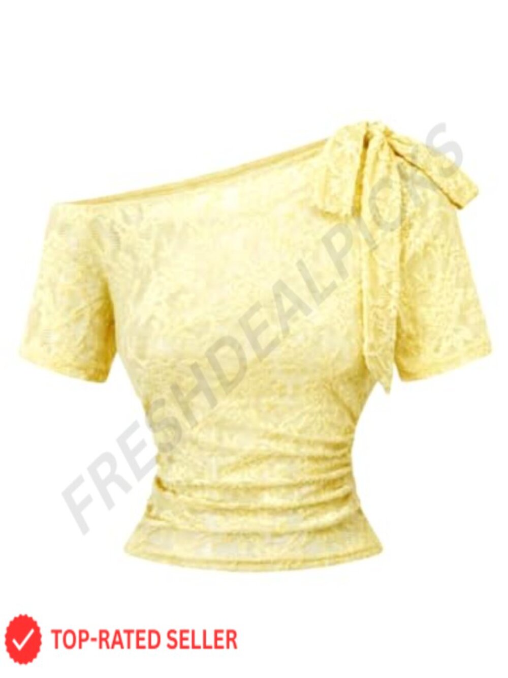 Lace Off Shoulder Bow Tie Asymmetrical Short Sleeve Cinched Waist Party Top